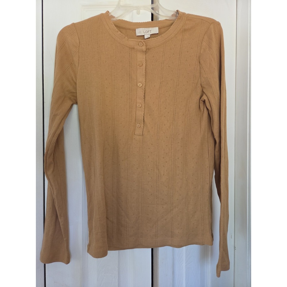 NWT LOFT Ribbed Henley Top Long Sleeve 1/2 Button Sz Large Casual Workwear